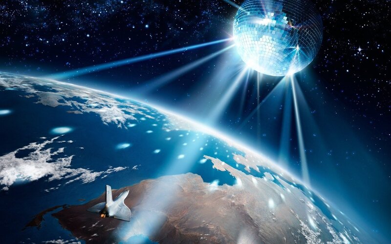 Earth and disco ball in space