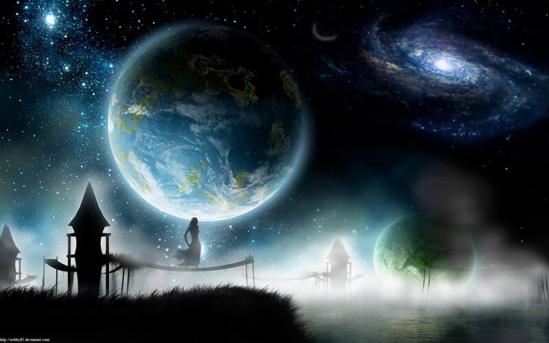 Earth and galaxies in fantasy landscape