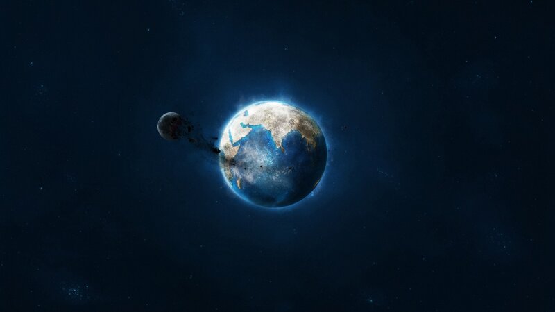 Earth and Moon Collision — Blue, Dramatic, Digital Art