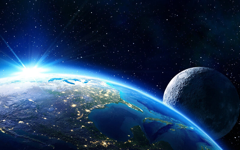 Earth and Moon from Space — Blue, Dramatic, Night, Digital Art, Stars, Planet
