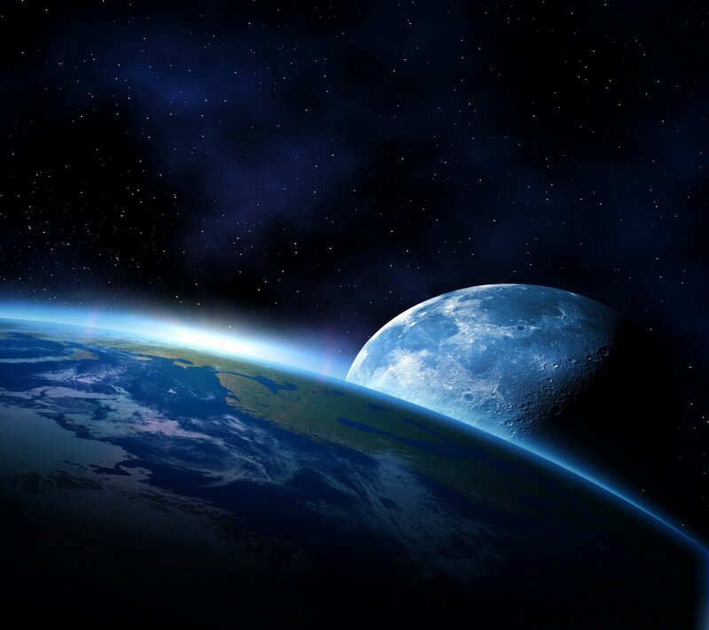 Earth and Moon from Space — Blue, Dramatic, Night, Digital Art, Stars
