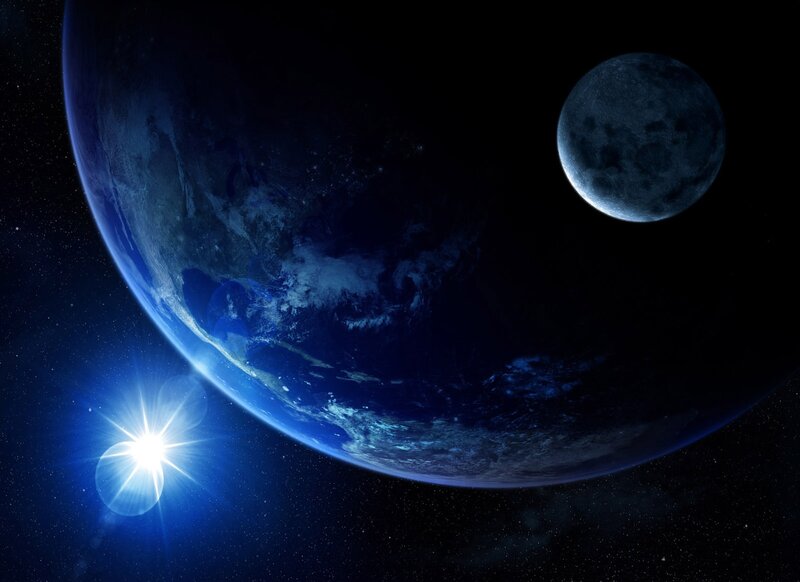 Earth and Moon from Space — Blue, Dramatic, Night, Digital Art, Sun