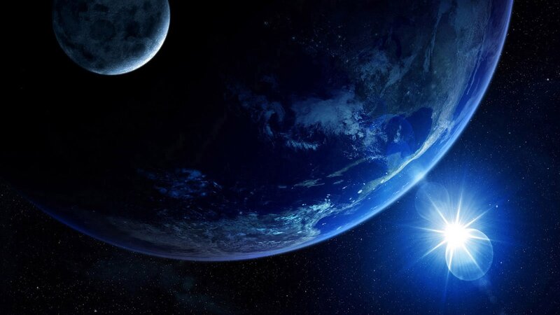 Earth and Moon from Space — Blue, Dramatic, Night, Digital Art