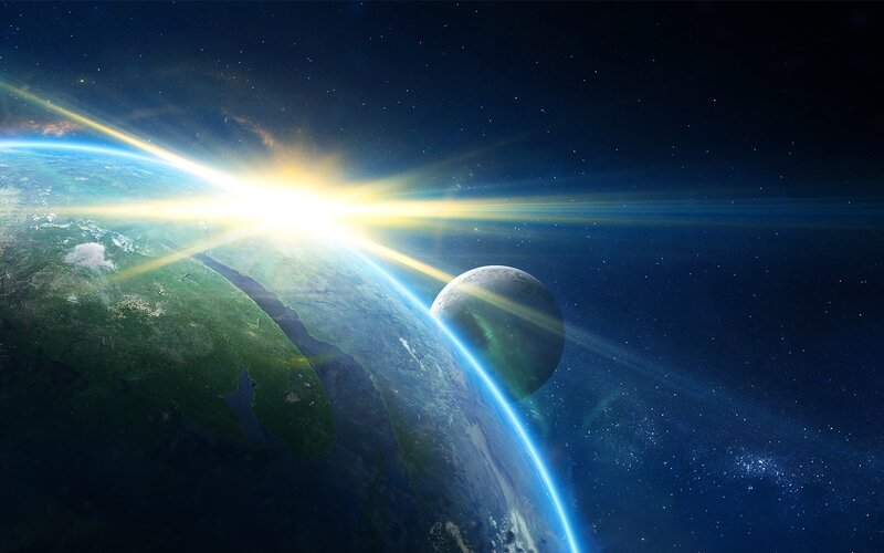 Earth and Moon from Space — Blue, Dramatic, Sunrise, Digital Art