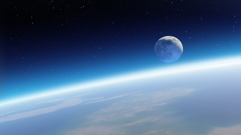 Earth and Moon from Space — Blue, Serene, 3d Render, Stars, Atmosphere