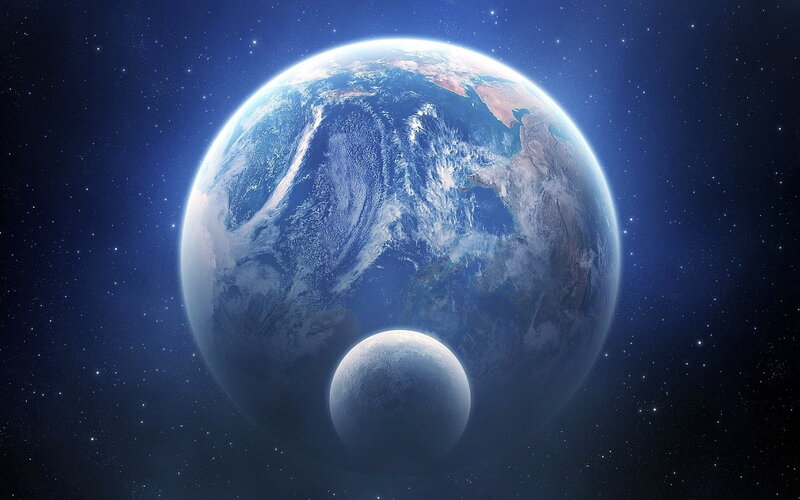 Earth and Moon from Space — Blue, Serene, Digital Art, Planet