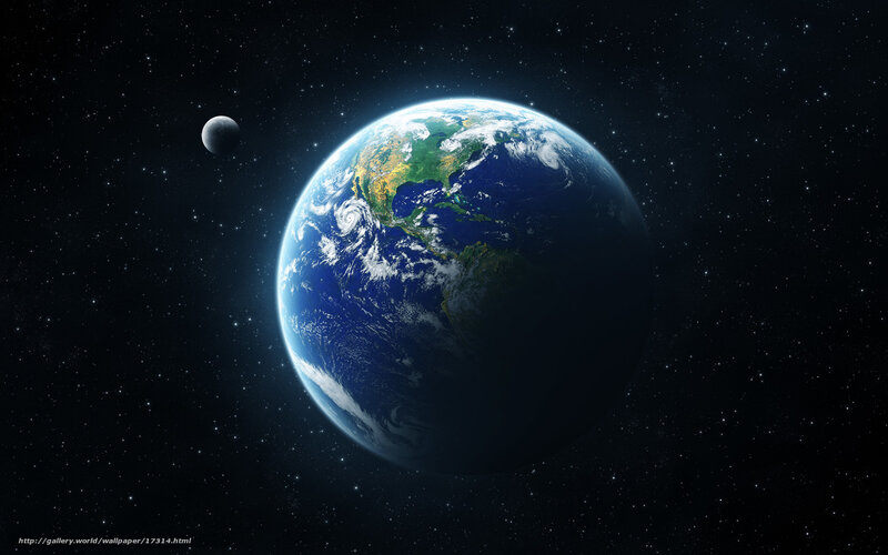 Earth and Moon from Space — Blue, Serene, Digital Art