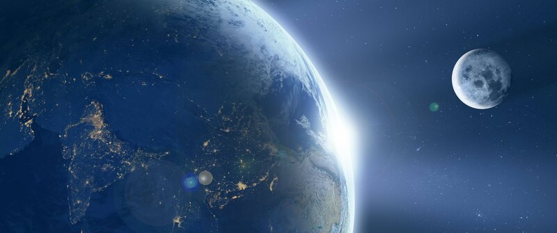 Earth and Moon from Space — Blue, Serene, Night, 3d Render, Planet Earth