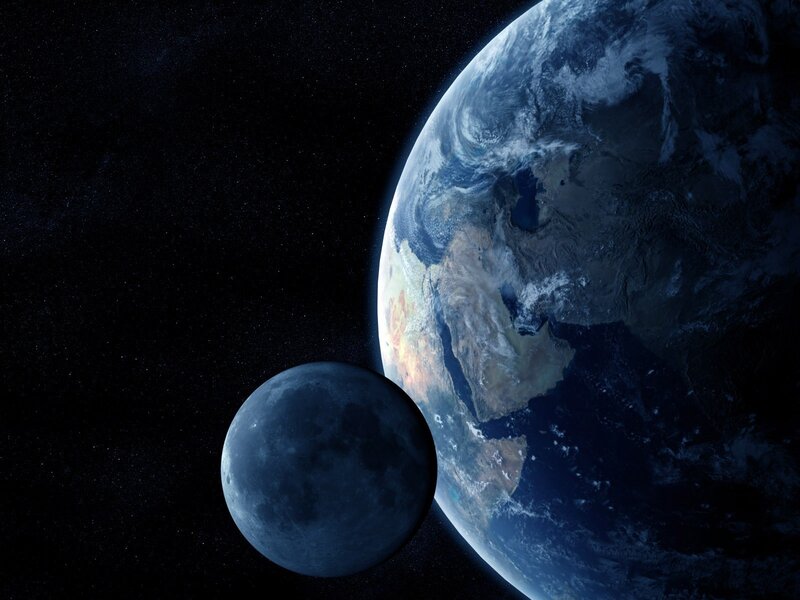 Earth and Moon from Space — Blue, Serene, Night, 3d Render, Planet