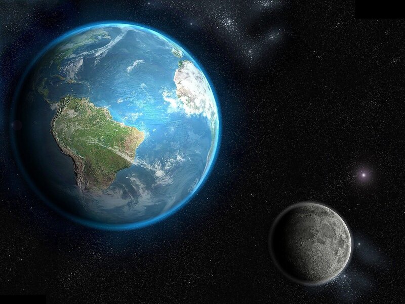 Earth and Moon from Space — Blue, Serene, Night, 3d Render