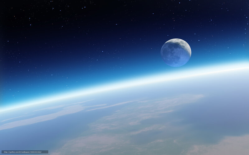 Earth and Moon from Space — Blue, Serene, Night, Digital Art, Stars, Planet