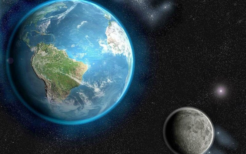 Earth and Moon from Space — Blue, Serene, Night, Digital Art