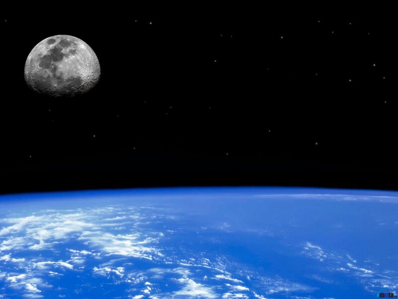 Earth and Moon from Space — Blue, Serene, Night, Photograph, Clouds