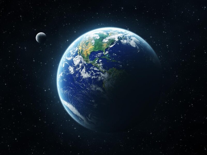Earth and Moon from Space — Blue, Serene, Night, Photograph, Planet Earth