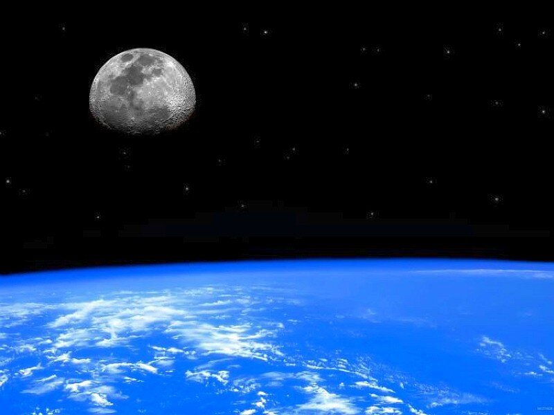 Earth and Moon from Space — Blue, Serene, Night, Photograph, Stars