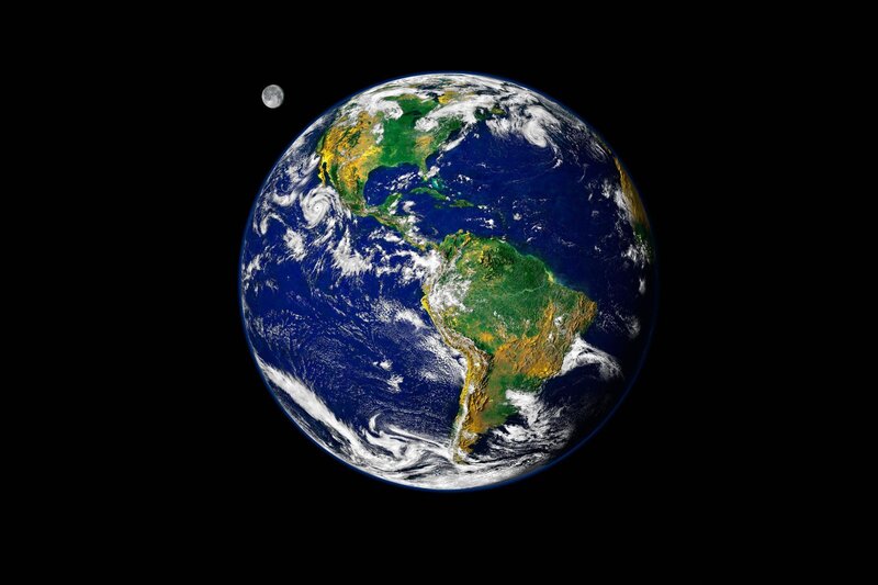 Earth and Moon from Space — Blue, Serene, Photograph, Clouds, Oceans