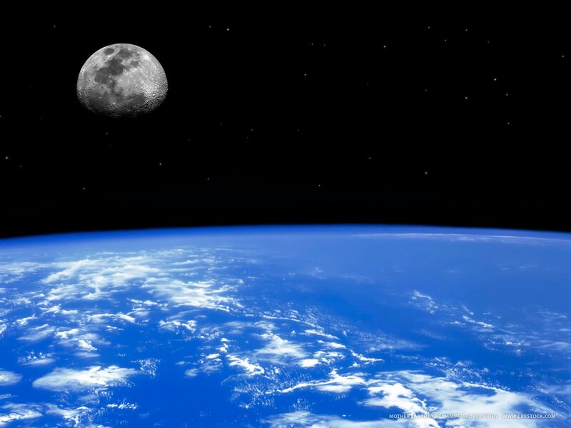 Earth and Moon from Space — Blue, Serene, Photograph, Clouds