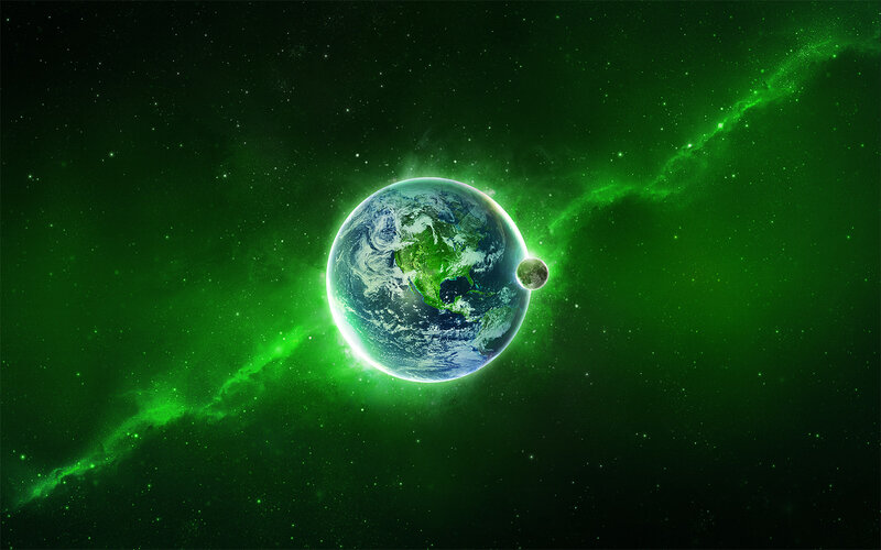 Earth and Moon in Green Nebula