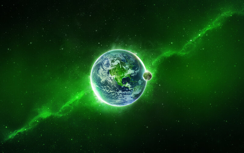 Earth and Moon in Green Nebula
