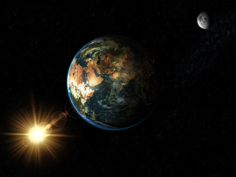 Earth and Moon in Space — Black, Dramatic, 3d Render, Sun