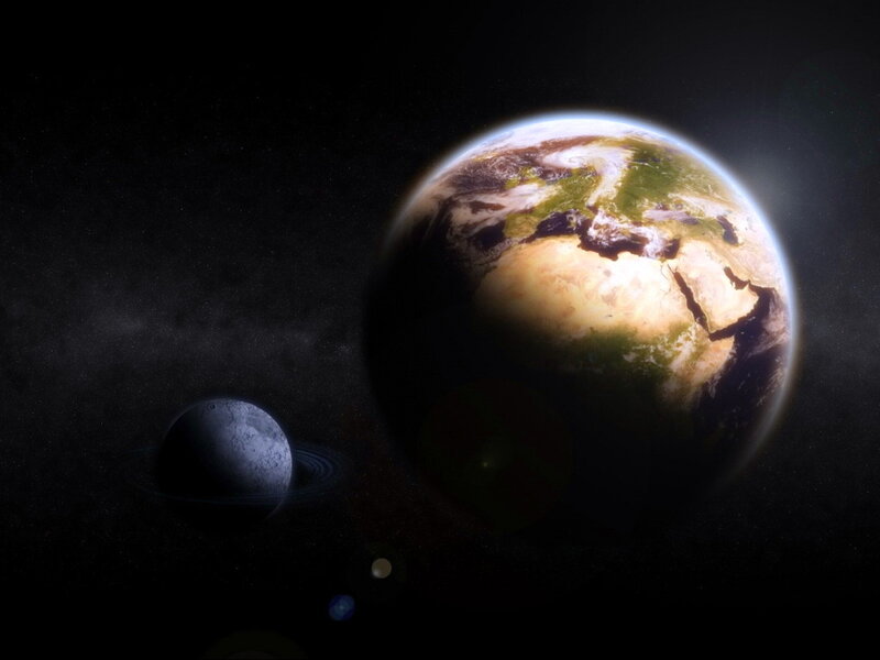 Earth and Moon in Space — Black, Dramatic, 3d Render