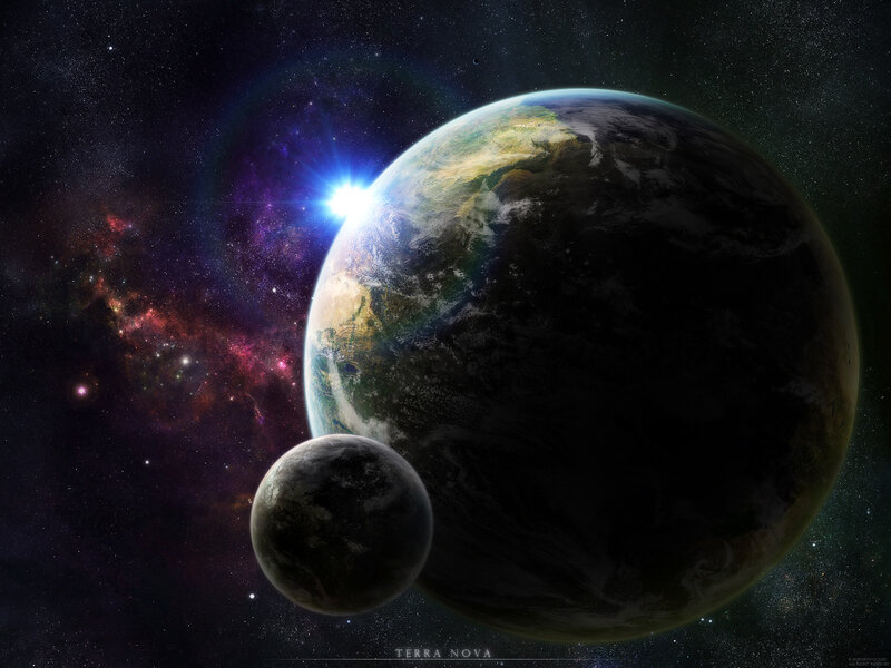 Earth and Moon in Space — Black, Dramatic, Digital Art, Planet