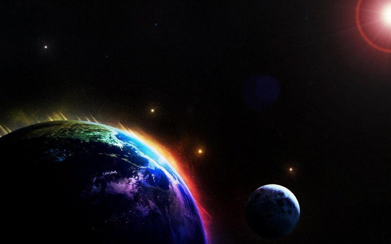 Earth and Moon in Space — Black, Dramatic, Digital Art