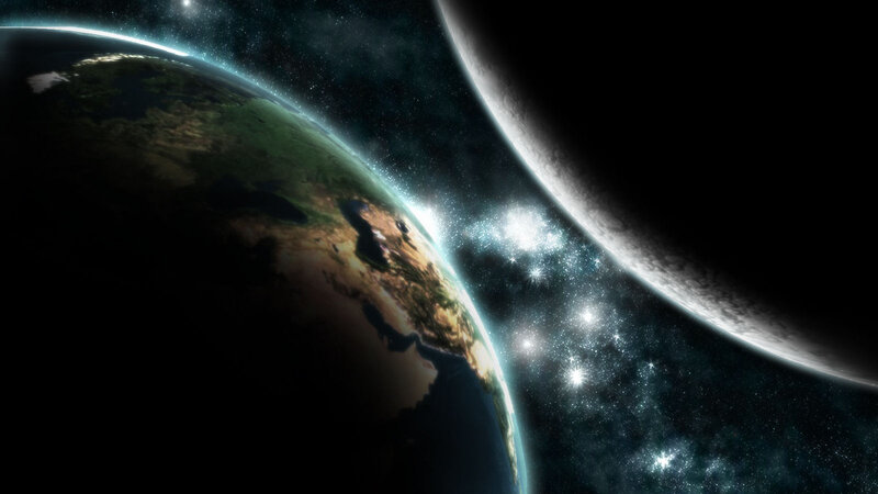 Earth and Moon in Space — Black, Dramatic, Night, Digital Art