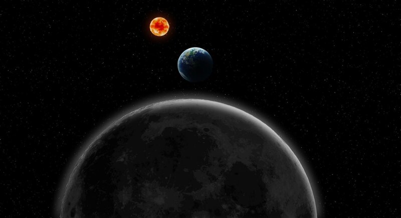 Earth and Moon in Space — Black, Serene, 3d Render, Sun