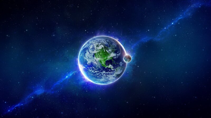 Earth and Moon in Space — Blue, Cosmic, Digital Art, Stars, Nebula