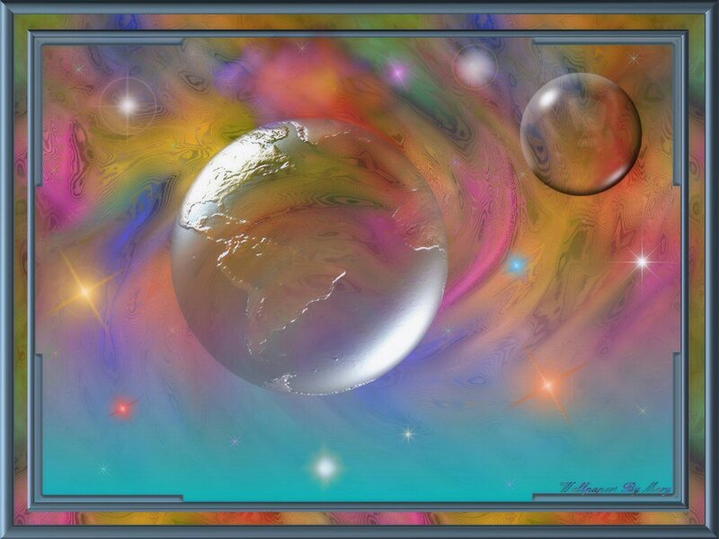 Earth and Moon in Space — Blue, Cosmic, Digital Art, Stars, Planets