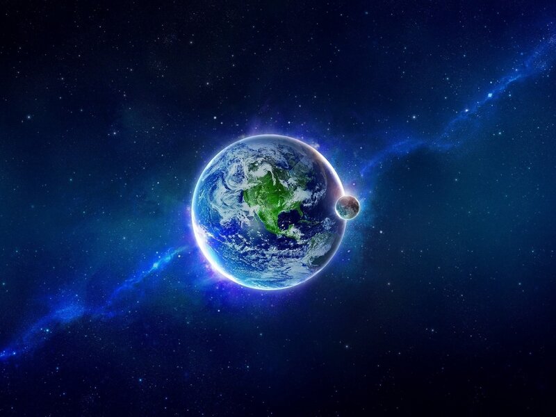 Earth and Moon in Space — Blue, Cosmic, Digital Art