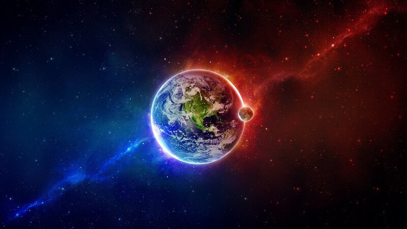 Earth and Moon in Space — Blue, Dramatic, Digital Art, Nebula, Stars