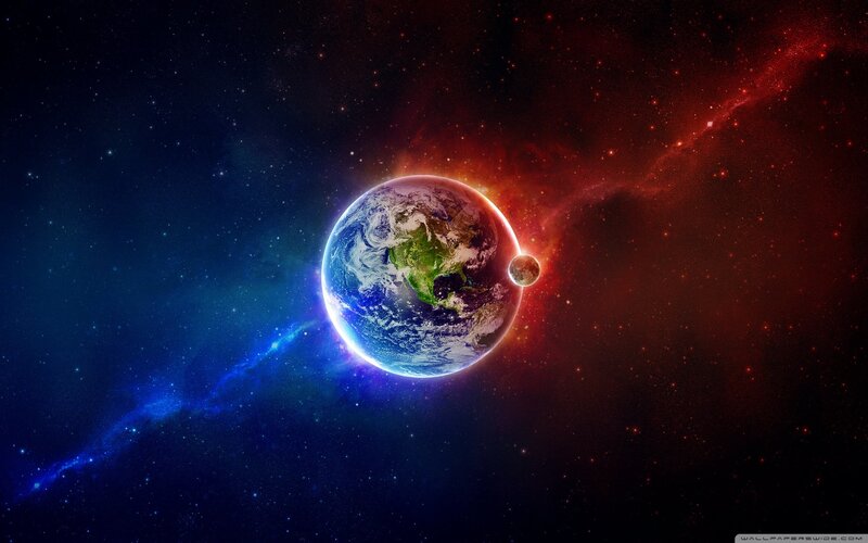Earth and Moon in Space — Blue, Dramatic, Digital Art, Nebula