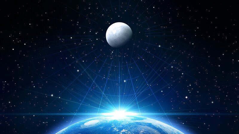 Earth and Moon in Space — Blue, Dramatic, Digital Art, Stars, Planet