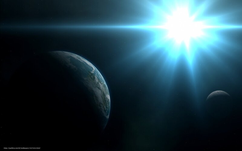 Earth and Moon in Space — Blue, Dramatic, Digital Art, Sun