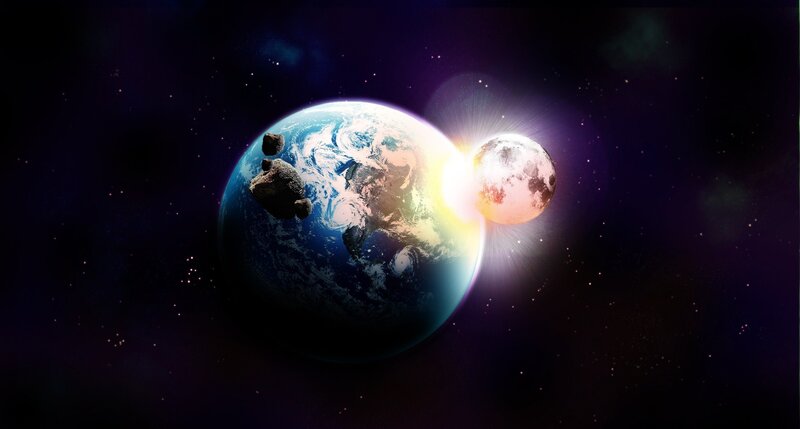 Earth and Moon in Space — Blue, Dramatic, Digital Art