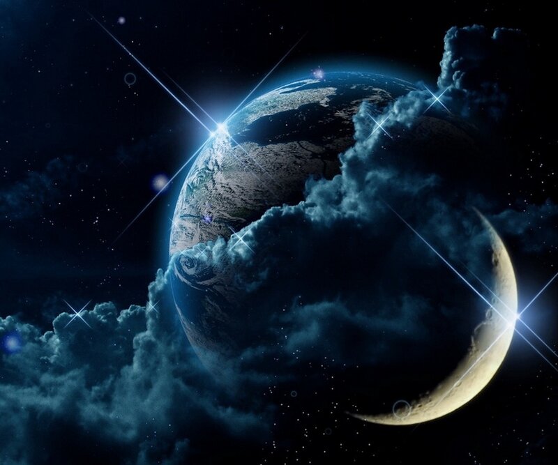 Earth and Moon in Space — Blue, Dramatic, Night, Digital Art, Stars, Clouds