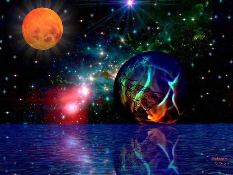 Earth and Moon in Space — Blue, Dramatic, Night, Digital Art, Stars