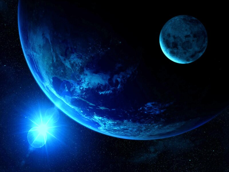 Earth and Moon in Space — Blue, Dramatic, Night, Digital Art, Sun