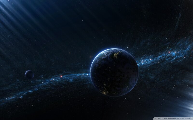 Earth and Moon in Space — Blue, Dramatic, Night, Digital Art