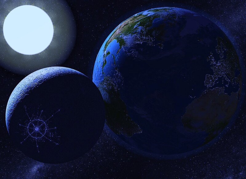Earth and Moon in Space — Blue, Dramatic, Night