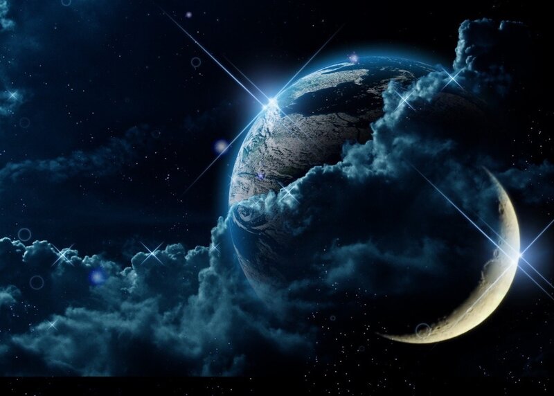 Earth and Moon in Space — Blue, Dramatic