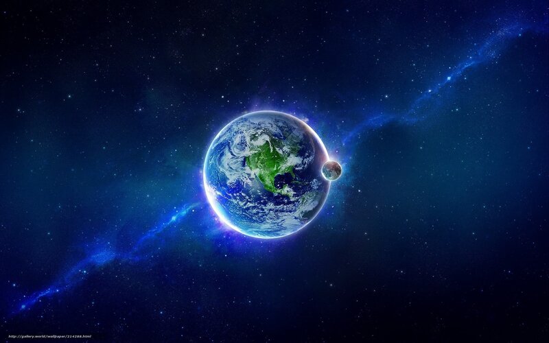 Earth and Moon in Space — Blue, Serene, Digital Art, Stars, Galaxy