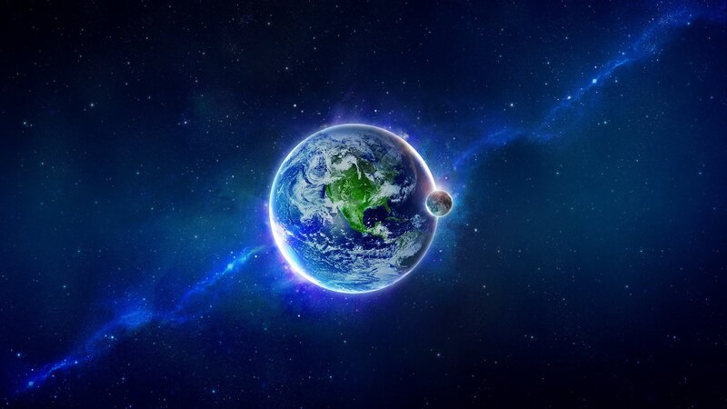 Earth and Moon in Space — Blue, Serene, Digital Art, Stars, Nebula, Black