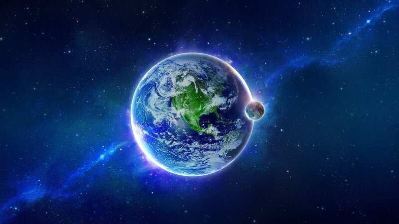 Earth and Moon in Space — Blue, Serene, Digital Art, Stars, Nebula, Green, Black