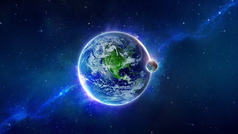 Earth and Moon in Space — Blue, Serene, Digital Art, Stars, Nebula
