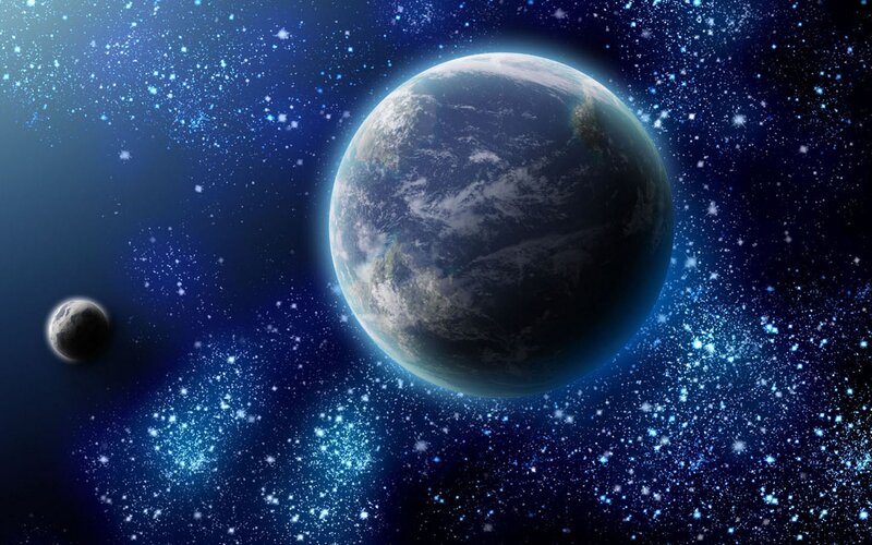 Earth and Moon in Space — Blue, Serene, Digital Art, Stars, Planet, Black