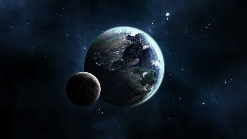 Earth and Moon in Space — Blue, Serene, Night, 3d Render