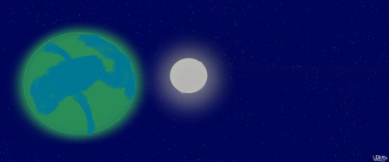 Earth and Moon in Space — Blue, Serene, Night, Digital Art, Stars